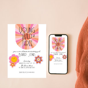 Young, Wild & Three 3rd Birthday Invite Pink