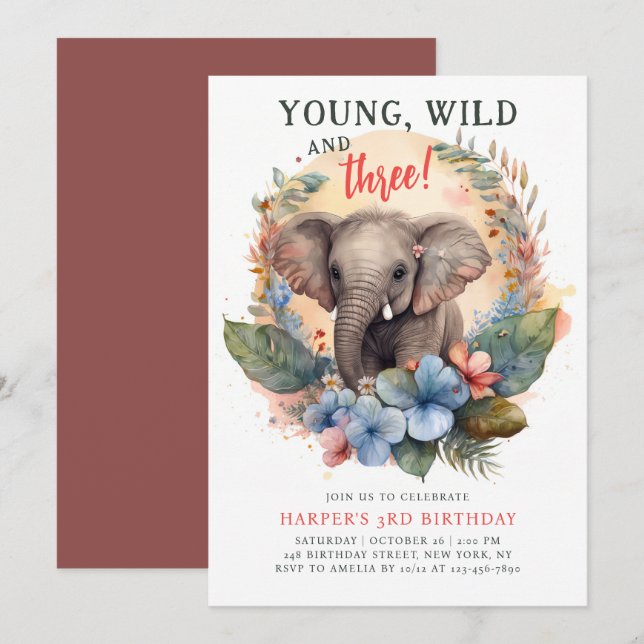 Young Wild Three 3rd Birthday Kids Cute Elephant Invitation (Front/Back)