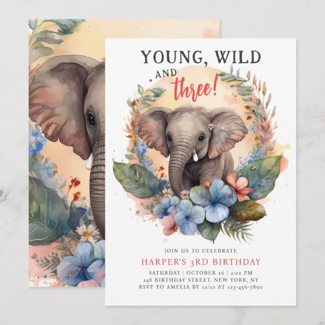 Young Wild Three 3rd Birthday Kids Cute Elephant Invitation (Front/Back)