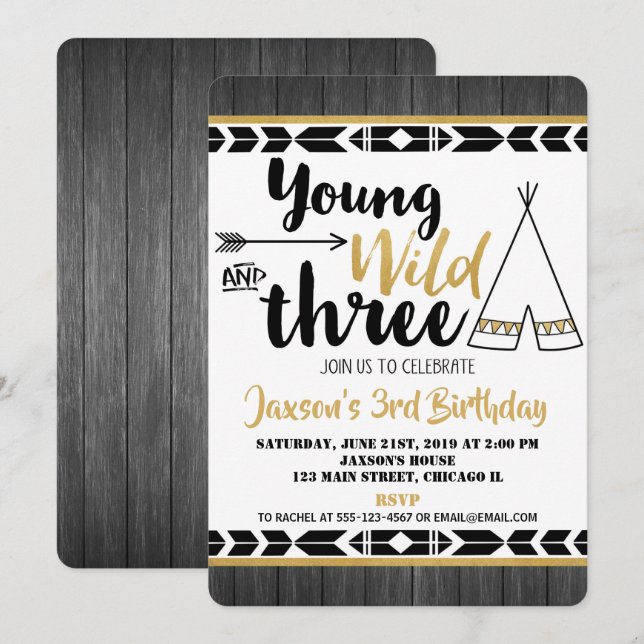 Young wild three 3rd third birthday invitation boy (Front/Back)
