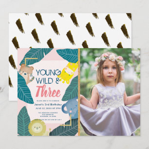 Young Wild & Three Animal Girl Photo Birthday Invitation