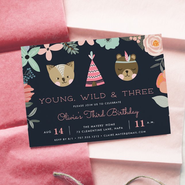 Young, Wild & Three | Birthday Party Invitation (Creator Uploaded)