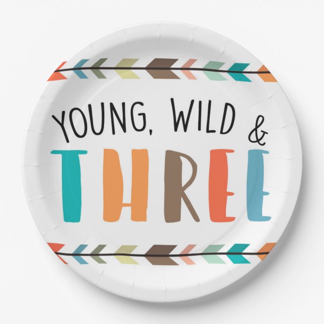 Young Wild & Three Birthday Party Plates (Front)