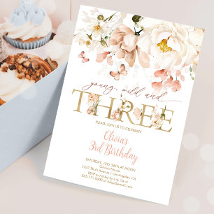 Young Wild & Three Blush Floral Third Birthday Invitation