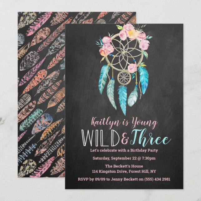 Young, Wild & Three Boho 3rd Birthday Invitations (Front/Back)