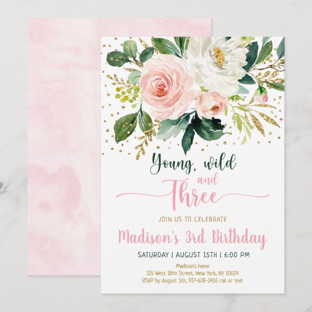 Young Wild & Three Boho Floral Pink Gold Birthday Invitation (Front/Back)