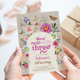 Young Wild & Three Boho Wildflower 3rd Birthday Invitation