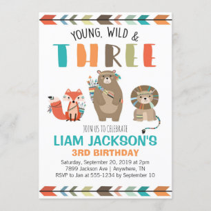 Young Wild Three Boys Third Birthday Invitation