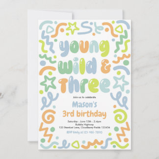 Young Wild & Three Confetti Balloon 3rd Birthday  Invitation