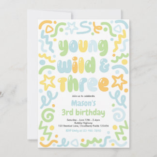 Young Wild & Three Confetti Balloon 3rd Birthday  Invitation