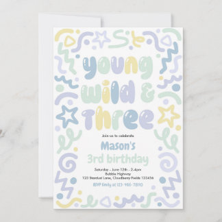Young Wild & Three Confetti Balloon 3rd Birthday  Invitation