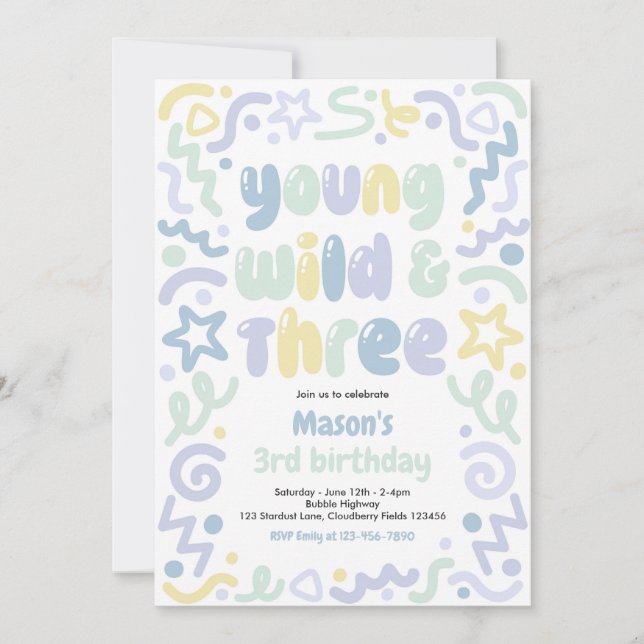 Young Wild & Three Confetti Balloon 3rd Birthday  Invitation (Front)
