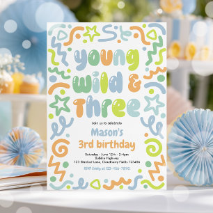 Young Wild & Three Confetti Balloon 3rd Birthday  Invitation