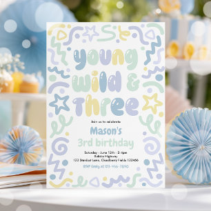 Young Wild & Three Confetti Balloon 3rd Birthday  Invitation