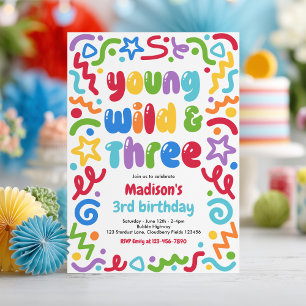 Young Wild & Three Confetti Balloon 3rd Birthday  Invitation