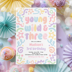 Young Wild & Three Confetti Balloon 3rd Birthday  Invitation