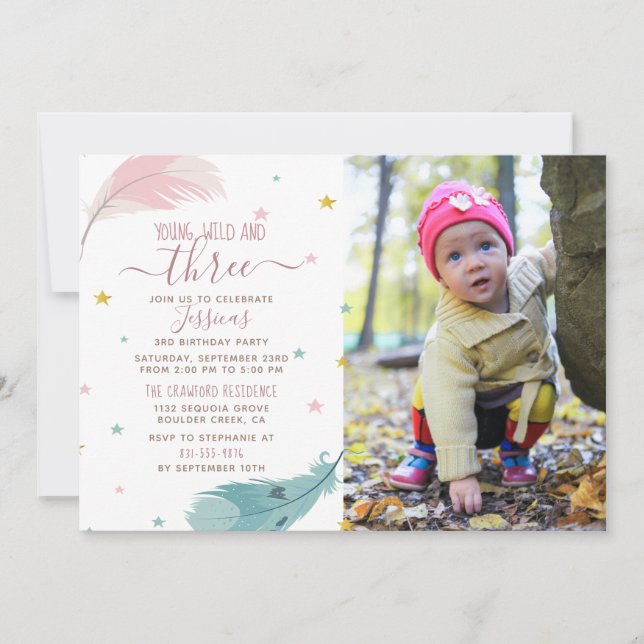 Young Wild & Three Custom Photo Baby Girl Birthday Invitation (Front)
