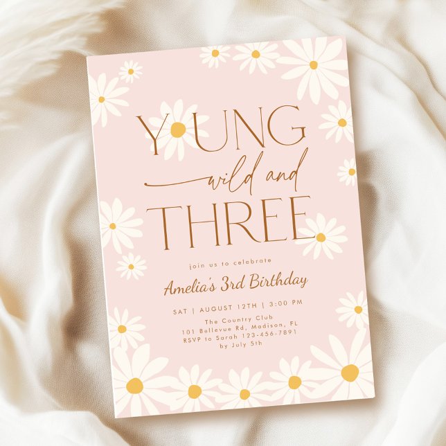 Young Wild Three Daisy Floral 3rd Birthday Invitation (Creator Uploaded)