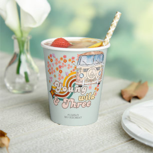 Young Wild & Three Daisy Hippie Van Third Birthday Paper Cups