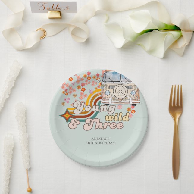 Young Wild & Three daisy Van 3rd birthday retro Paper Plate (Wedding)
