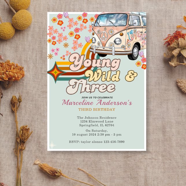  Young Wild & three Daisy Van Floral 3rd Birthday  Invitation (Creator Uploaded)