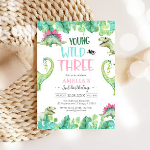 Young WIld & Three Dinosaur 3rd Birthday Invitation
