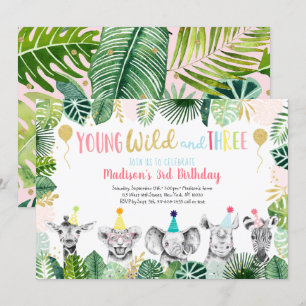 Young Wild & Three Girl Safari Birthday Invitation