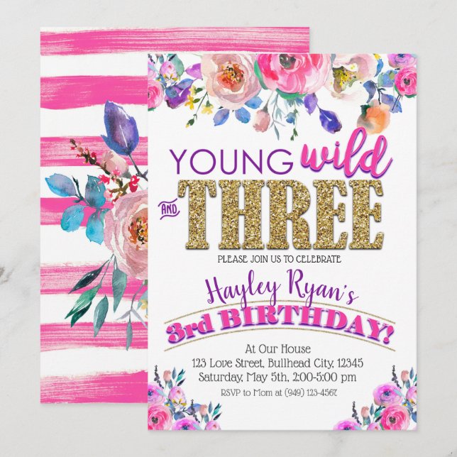 Young Wild & Three Girls Boho Floral 3rd Birthday Invitation (Front/Back)