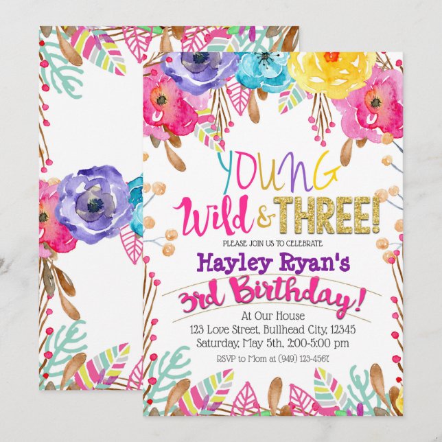 Young Wild & Three Girls Boho Floral 3rd Birthday Invitation (Front/Back)