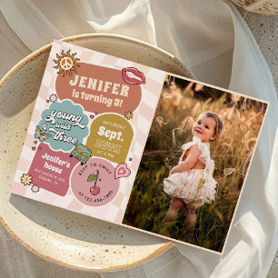 Young Wild & Three Groovy Daisy 3rd Birthday Photo Invitation