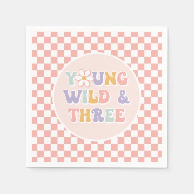 Young Wild Three Groovy Pink Daisy Chequered Napkin (Front)