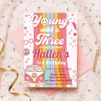 Young Wild & Three Groovy Rainbow 3rd Birthday Invitation