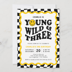 Young Wild & Three   Happy Face Boy 3rd Birthday Invitation