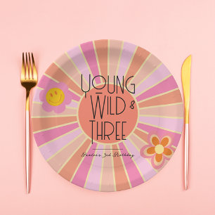 Young, Wild & Three Kid Birthday Plates Pink