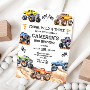 Young, Wild & Three Monster Truck Boy 3rd Birthday Invitation