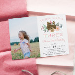 Young, Wild & Three | Photo Birthday Party Invite<br><div class="desc">Adorable boho style party invitation's for your little one's third birthday party feature a sweet rosy cheeked bear wearing a feather, flanked by pastel flowers and leaves. "Young, wild and three" appears in peach lettering. Personalize with your 3 year old's birthday party details in modern and whimsical peach and grey...</div>