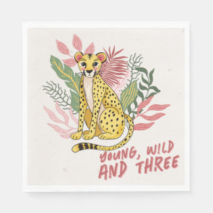 Young Wild Three Pink Cheetah Kids Birthday Party Napkin
