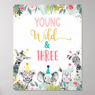 Young Wild & Three Pink Party Animal Birthday Sign