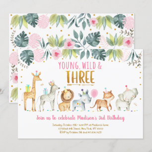 Young Wild & Three Pink Safari Birthday Invitation