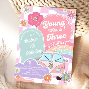 Young wild & Three Rainbow Car Daisy Birthday Invitation