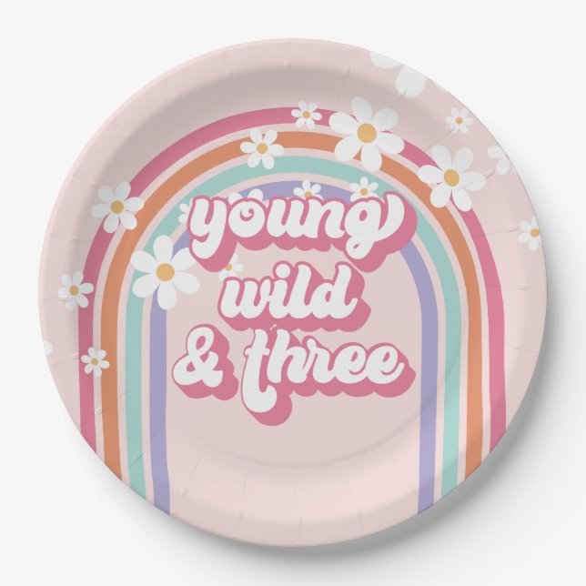 Young Wild Three Rainbow Pink 3rd Birthday Paper Plate (Front)