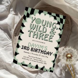 Young Wild & Three Retro 3rd Birthday Party Invitation