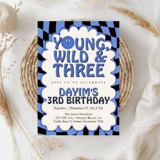 Young Wild & Three Retro Blue Boy 3rd Birthday Invitation