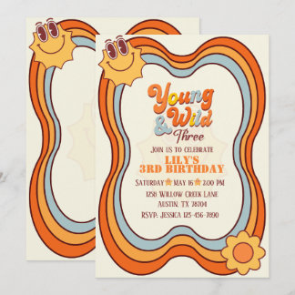 Young Wild & Three Retro Rainbow 3rd Birthday Invitation