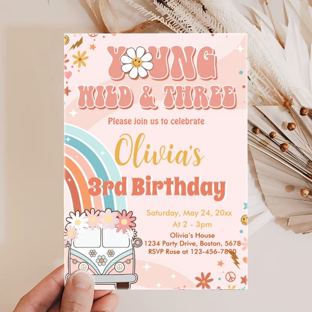 Young Wild Three Retro Rainbow 3rd Birthday  Invitation (Creator Uploaded)