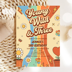 Young Wild Three Retro Rainbow 3rd Birthday Invitation