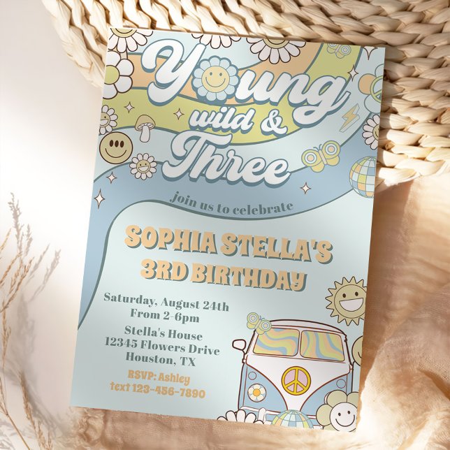 Young Wild Three Retro Rainbow 3rd Birthday Invitation (Creator Uploaded)