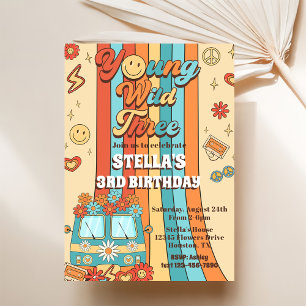 Young Wild Three Retro Rainbow 3rd Birthday Invitation