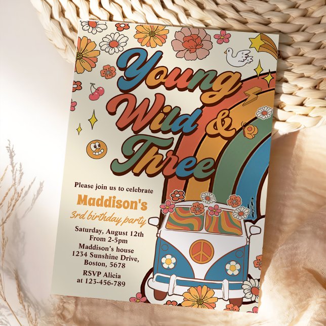 Young Wild Three Retro Rainbow 3rd Birthday  Invitation (Creator Uploaded)