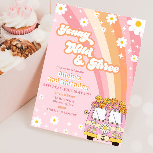 Young Wild Three Retro Rainbow 3rd Birthday Invitation